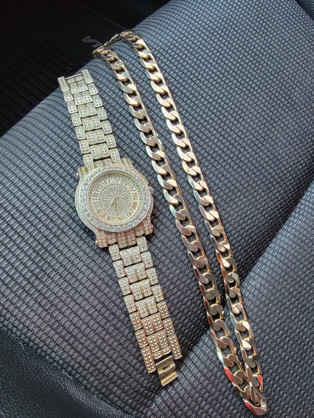 Classic Gold Cuban Link Chain Necklace And Watch Bundle